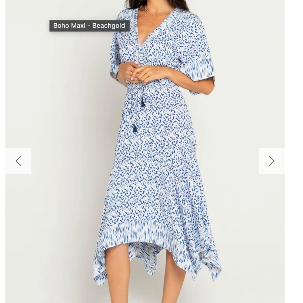 BEACHGOLD Dress Womens Size XS Blue Resort Cruise Beach V-Neck Midi Tassels Boho